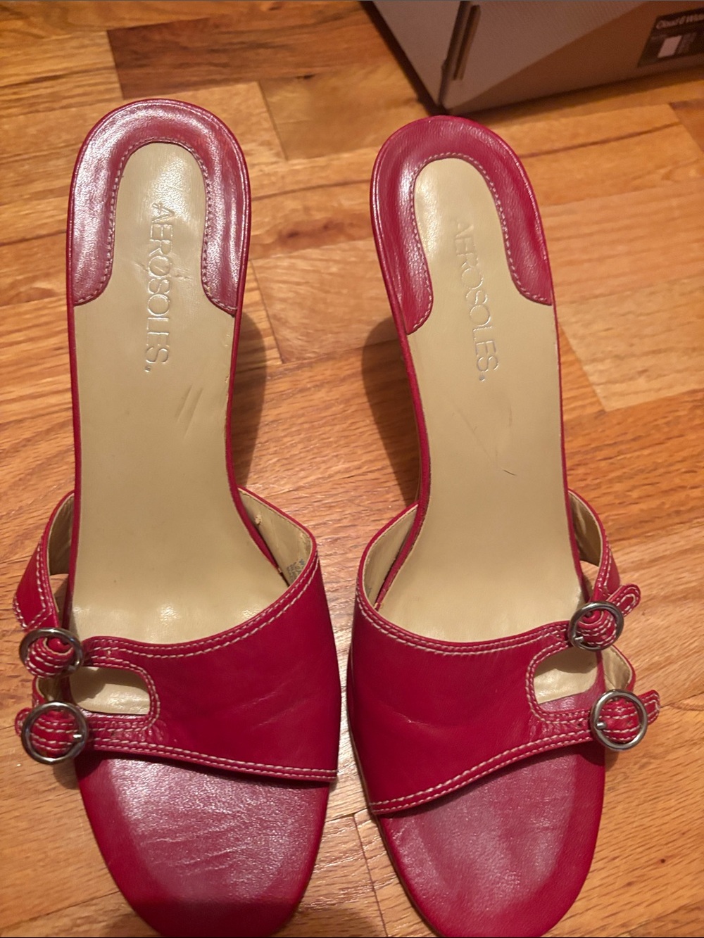 AEROSOLES Red Leather upper Buckle Slide Mules